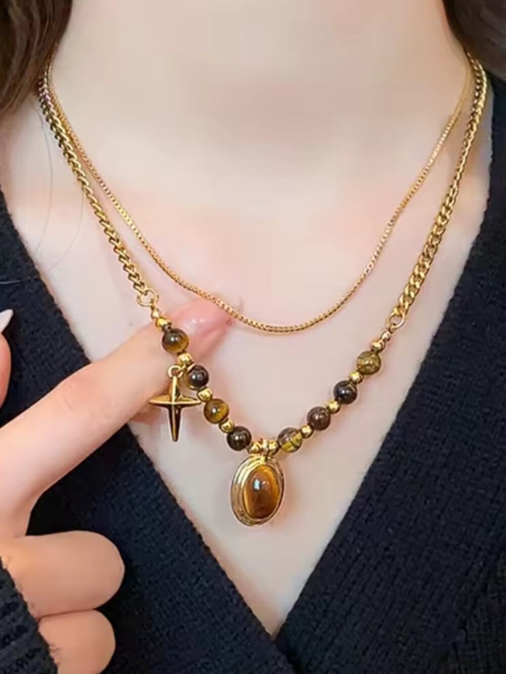 Gold-Tone Tiger's Eye Beaded Pendant Necklace - Women Jewelry